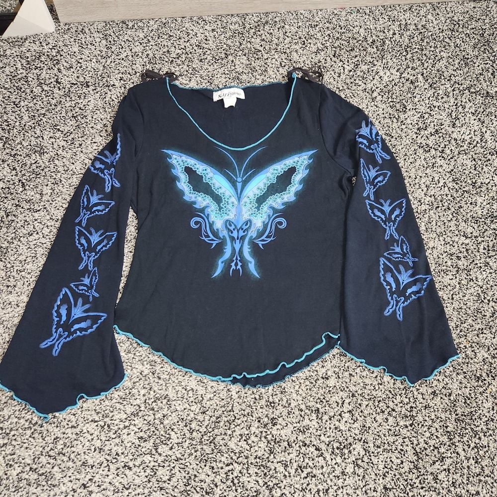 Vtg Y2K Self Esteem Top Butterfly Bling Bell Sleeve Fairy Grunge Punk Goth Med
